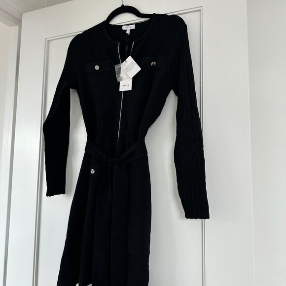 NWT Reiss Emily Knitted Mini Dress Medium in Black Collarless Front Zip w/ Belt - Picture 5 of 11